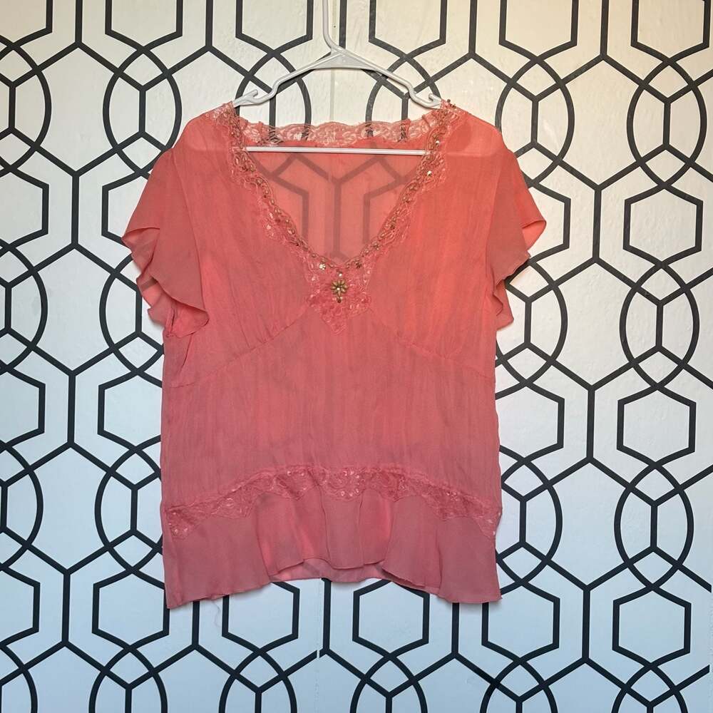 Vintage 90s Y2K ECI Coral Silk Beaded Babydoll Blouse